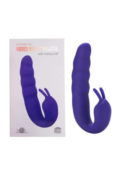 Фиолетовый вибратор Ribbed Dual Stimulator with Rolling Ball - 17 см.