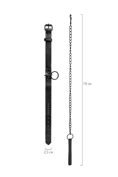 Черный ошейник из кожи с поводком-цепочкой