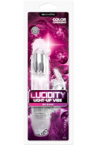 Прозрачный вибратор с клиторальным зайкой Lucidity Big Bang Light Up Vibe - 16 см.