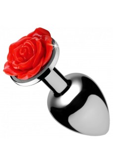 Серебристая анальная пробка с розой Red Rose Butt Plug - 8 см.