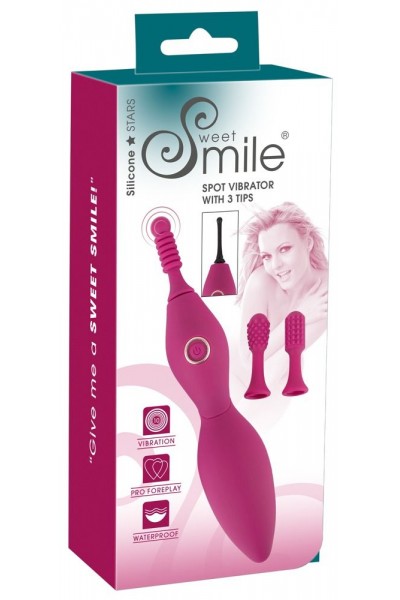 Ярко-розовый клиторальный вибратор с 3 насадками Spot Vibrator with 3 Tips - 17,9 см.