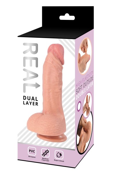 Телесный фаллоимитатор-реалистик с мошонкой Real Dual Layer - 21,5 см.