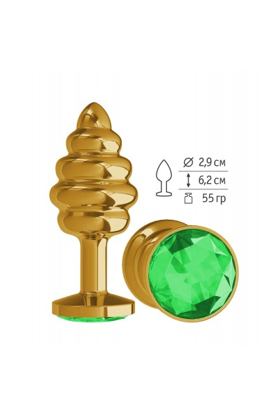 Золотистая пробка с рёбрышками и зеленым кристаллом - 7 см.