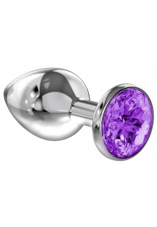 Малая серебристая анальная пробка Diamond Purple Sparkle Small с фиолетовым кристаллом - 7 см.