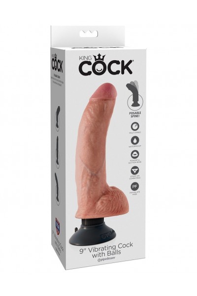 Телесный виброфаллос со съемной присоской 9  Vibrating Cock with Balls - 22,9 см.