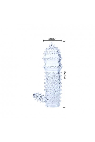Прозрачная насадка на пенис с шипами и стимулятором клитора - 14,2 см.
