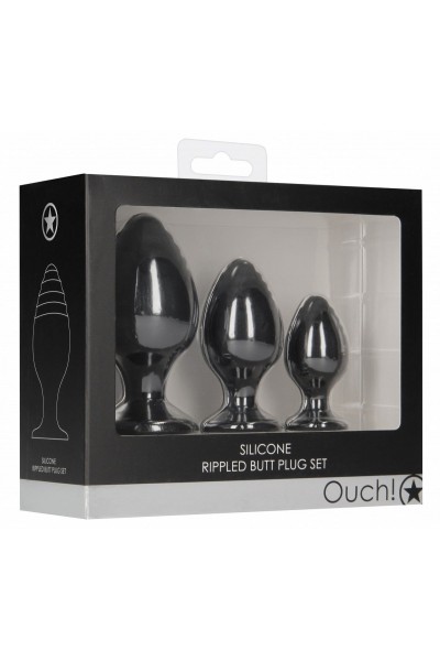 Набор из 3 черных анальных пробок Rippled Butt Plug Set