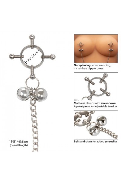 Металлические зажимы для сосков на цепочке Nipple Grips 4-Point Nipple Press with Bells