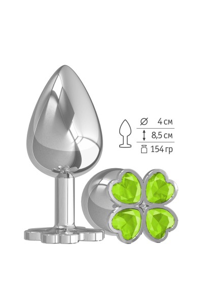Серебристая анальная пробка-клевер с салатовым кристаллом - 9,5 см.