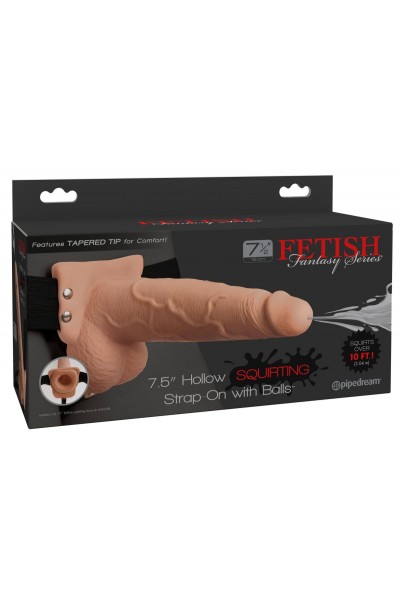 Телесный полый страпон с имитацией эякуляции 7.5  Hollow Squirting Strap-On with Balls - 21,6 см.