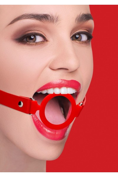 Красный кляп-кольцо с кожаными ремешками  Silicone Ring Gag with Leather Straps