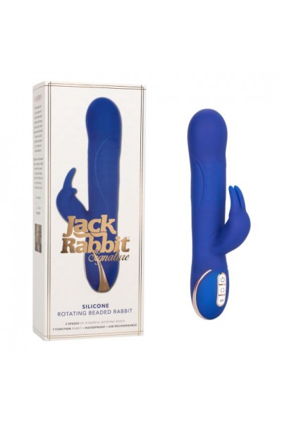 Синий вибратор Signature Silicone Rotating Beaded Rabbit с клиторальным отростком - 22,75 см.