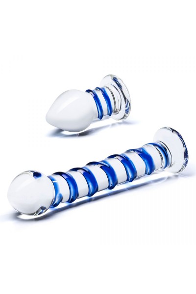 Набор из 2 стеклянных игрушек с синей спиралью Swirly Dildo   Buttplug Set