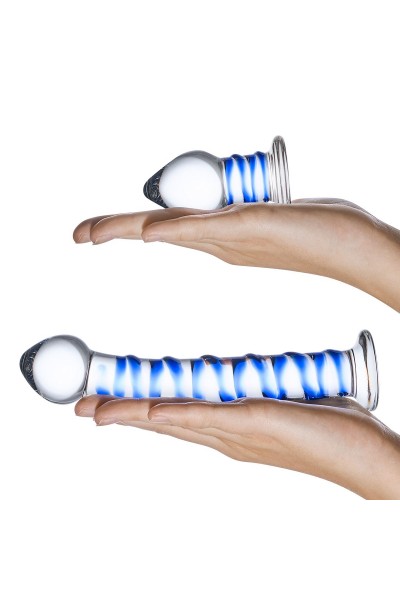 Набор из 2 стеклянных игрушек с синей спиралью Swirly Dildo   Buttplug Set