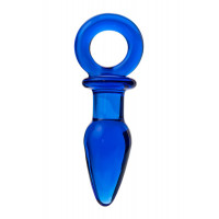 Синяя анальная пробка из стекла с ручкой-кольцом - 14 см.