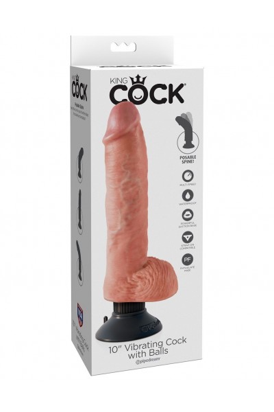 Телесный вибромассажер 10  Vibrating Cock with Balls - 25,4 см.