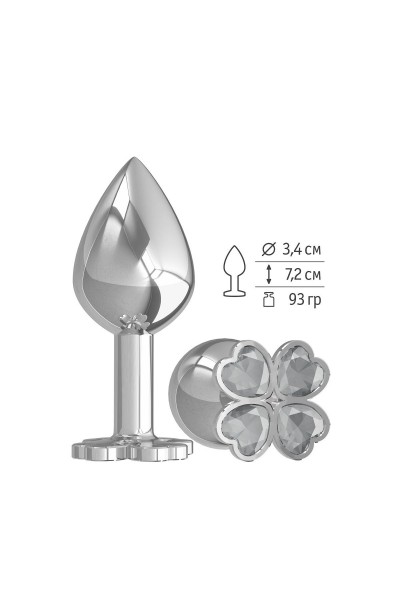 Средняя серебристая анальная втулка с клевером из прозрачных кристаллов - 8,5 см.